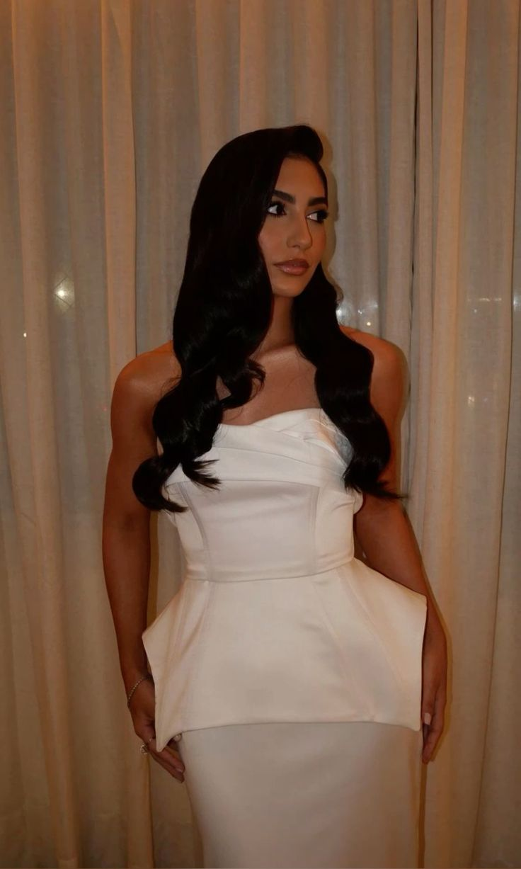 Classy Strapless White Satin Pleated Sheath Long Wedding Guest Dress Evening Dress D1351