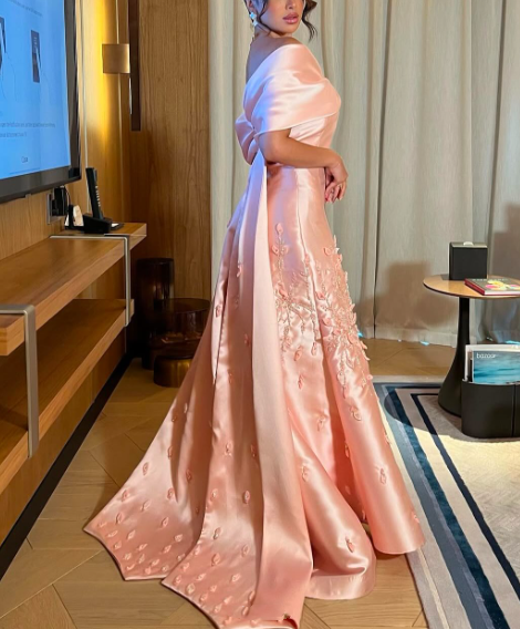 Chic Off The Shoulder Satin Beaded Appliques Pink Long Party Dress Evening Gown D1208