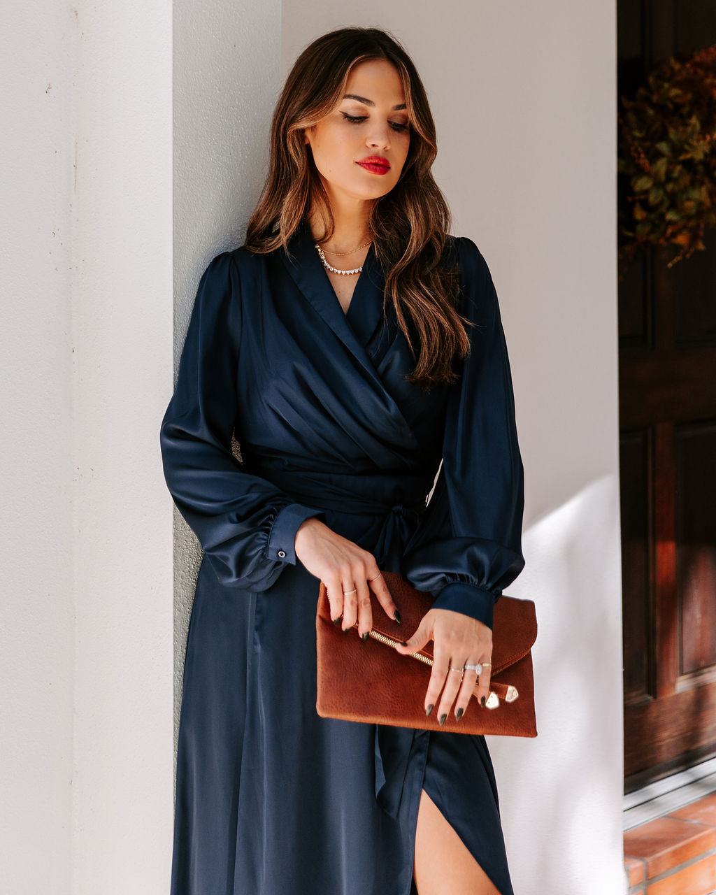 Satin Shawl Collar Long Sleeve Wrap Maxi Dress 4