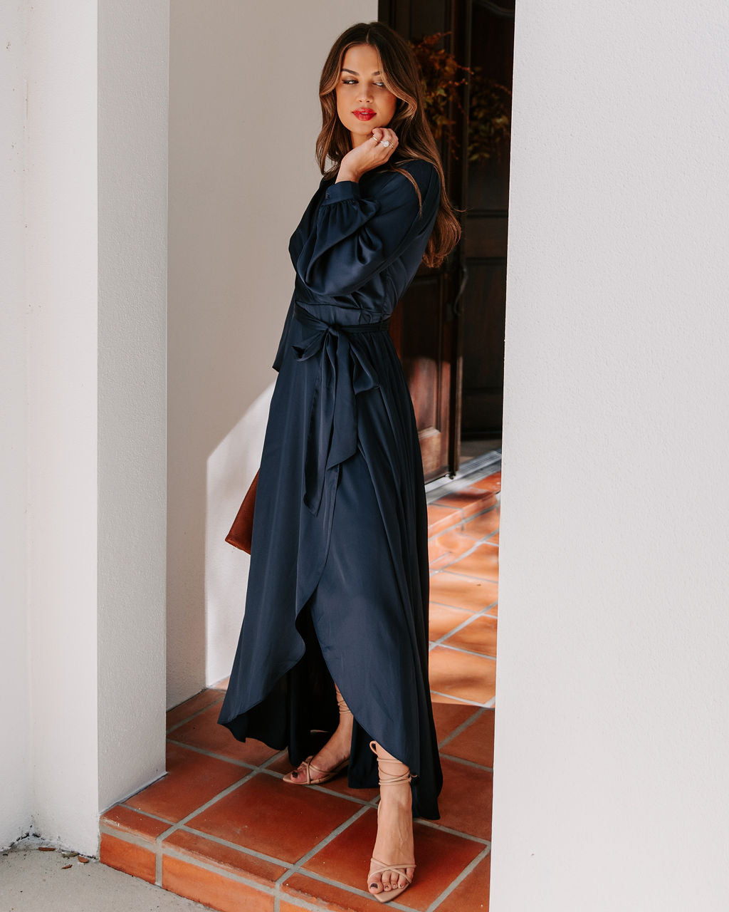Satin Shawl Collar Long Sleeve Wrap Maxi Dress 10