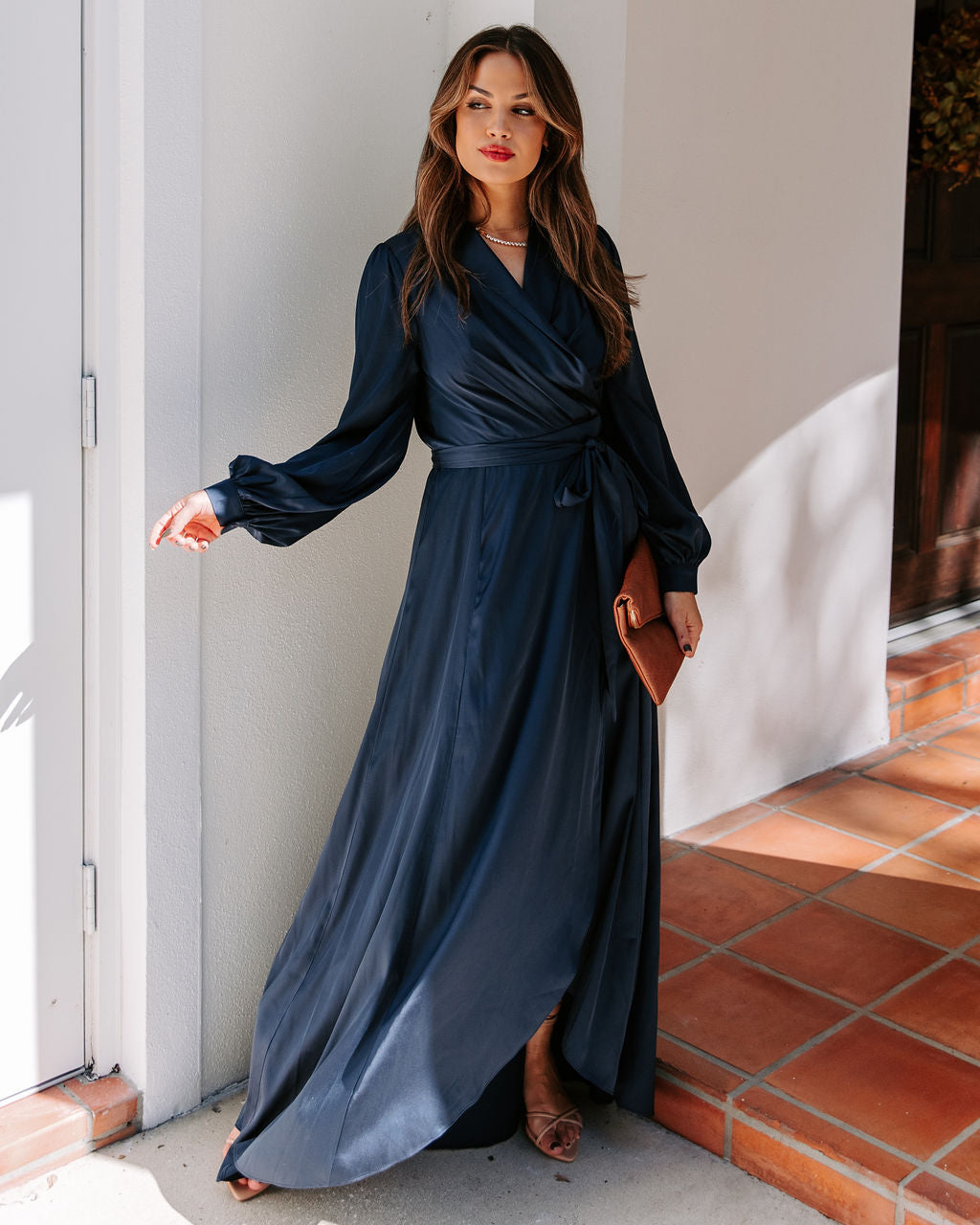 Satin Shawl Collar Long Sleeve Wrap Maxi Dress 3