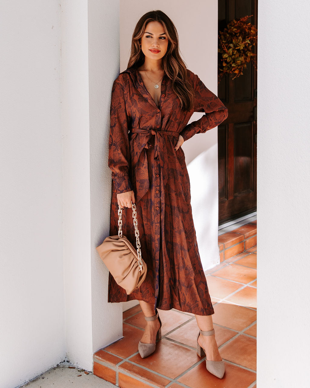 Printed Collared Long Sleeve Belted Shirt Midi Dress