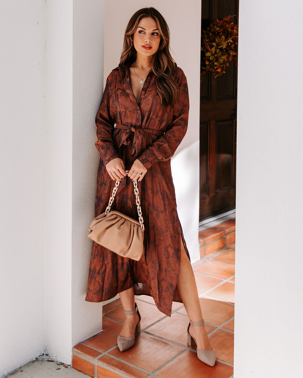 Printed Collared Long Sleeve Belted Shirt Midi Dress