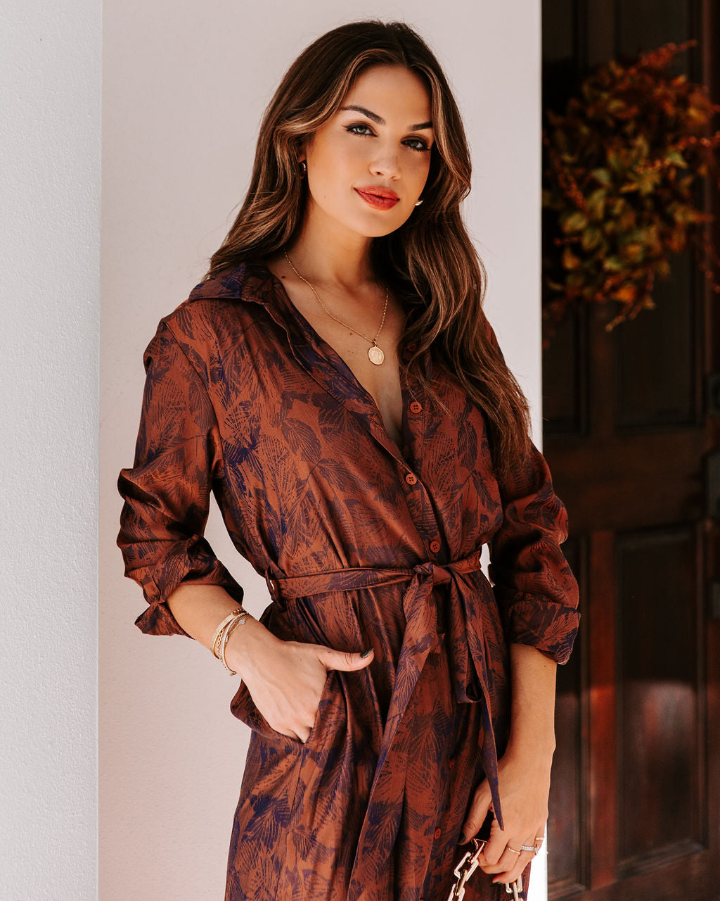 Printed Collared Long Sleeve Belted Shirt Midi Dress