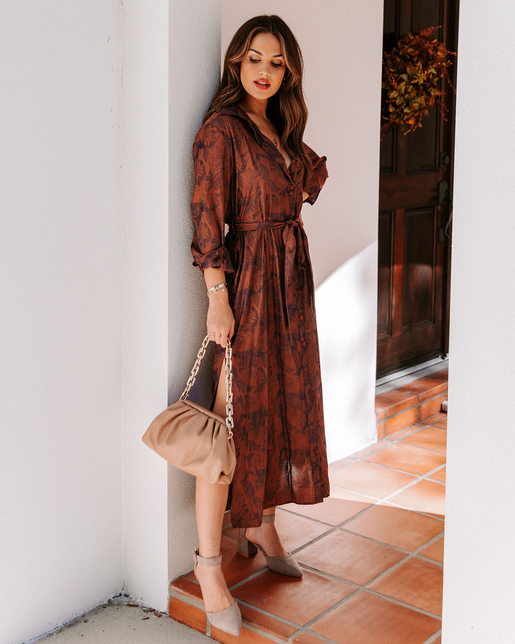 Printed Collared Long Sleeve Belted Shirt Midi Dress