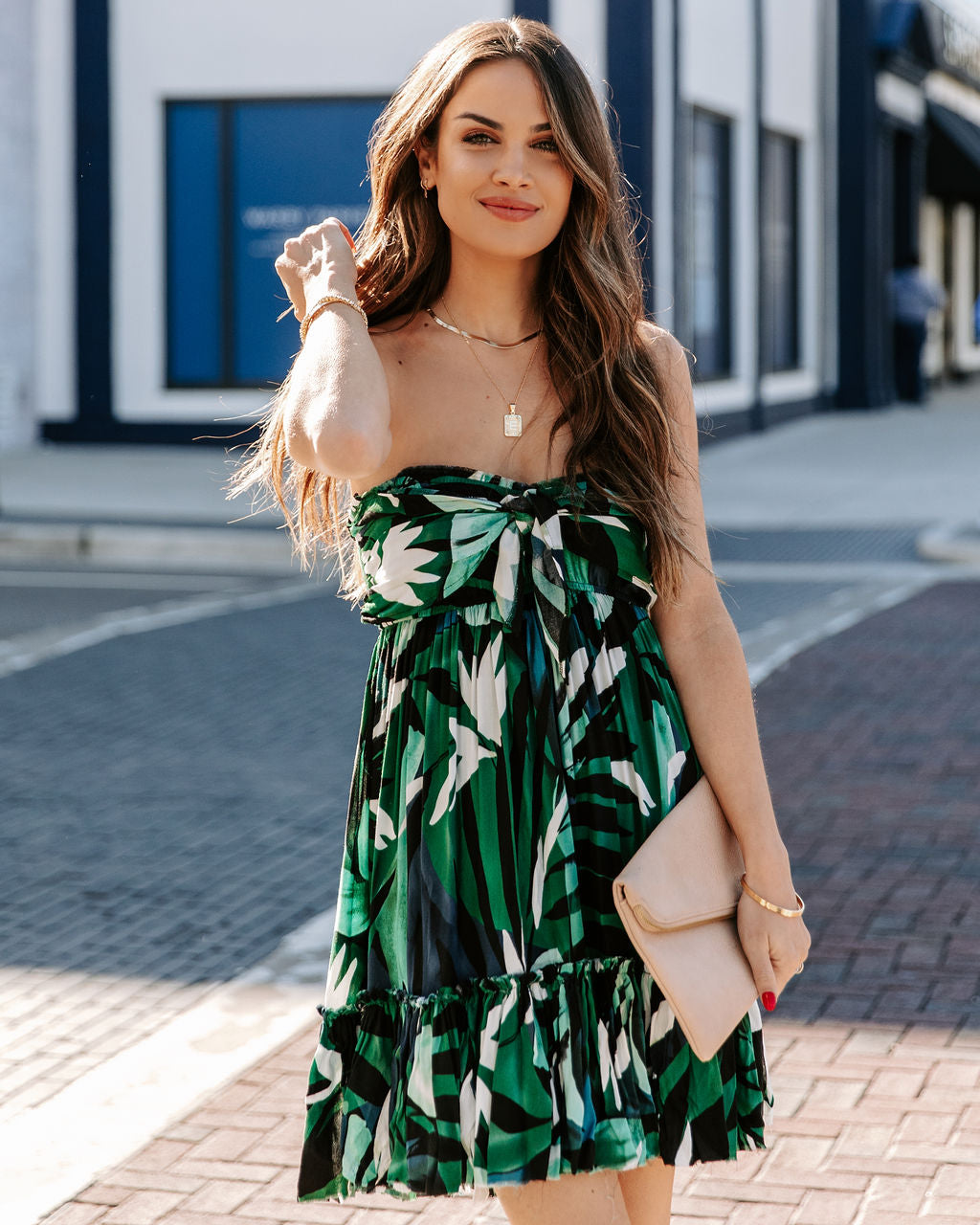Tropical Print Strapless Pleated Tiered Mini Dress
