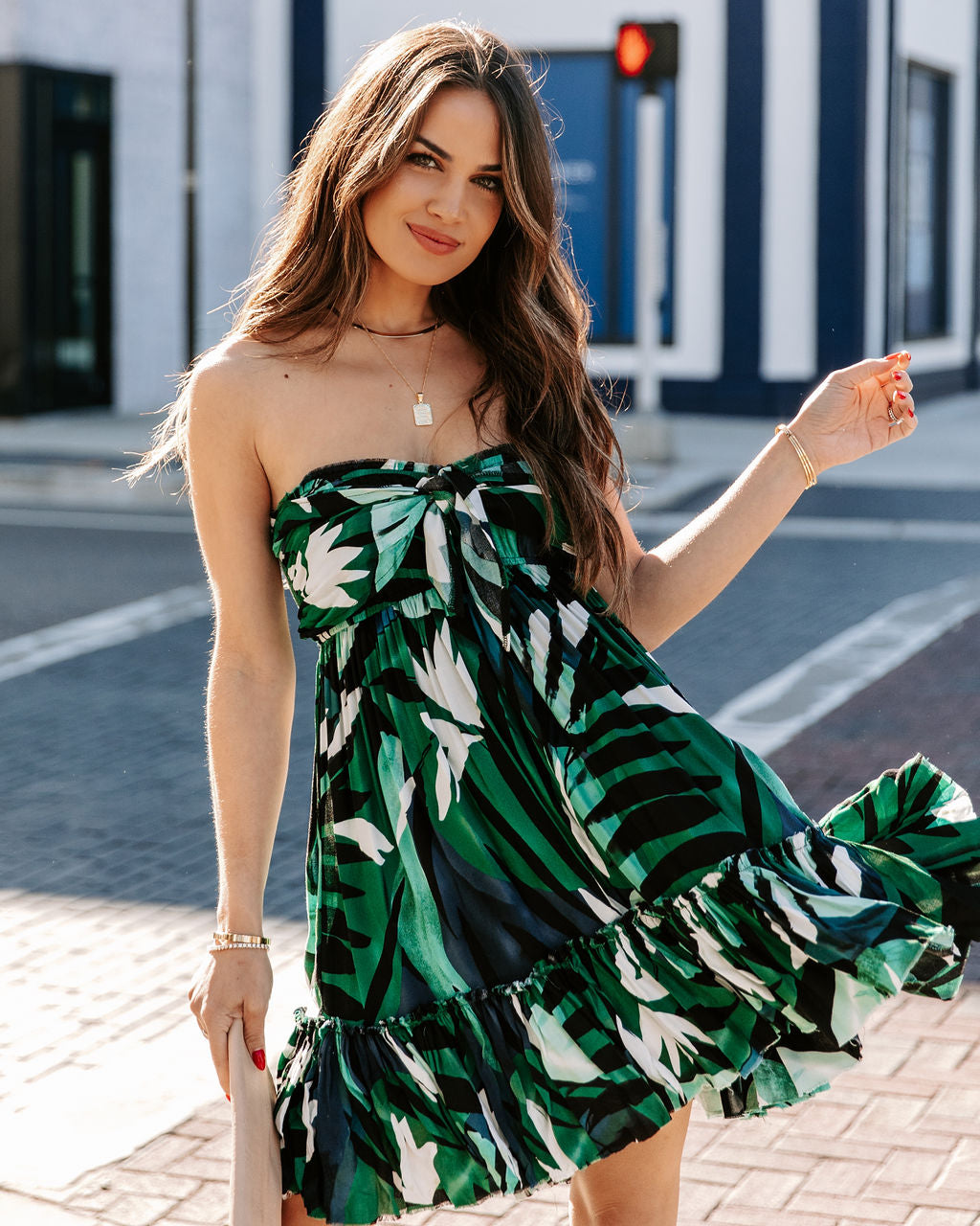 Tropical Print Strapless Pleated Tiered Mini Dress