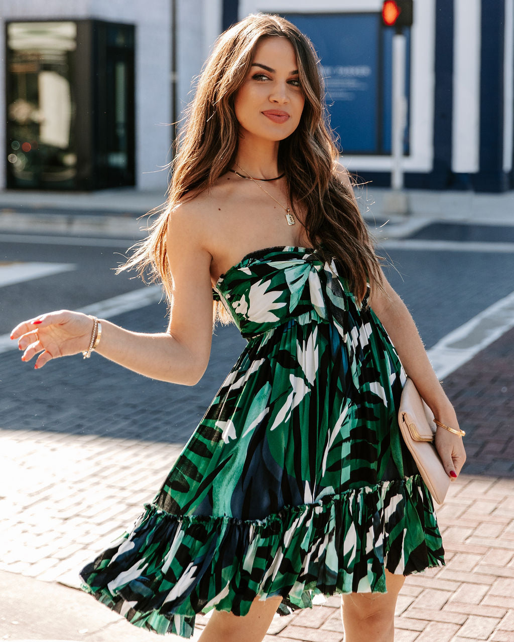 Tropical Print Strapless Pleated Tiered Mini Dress