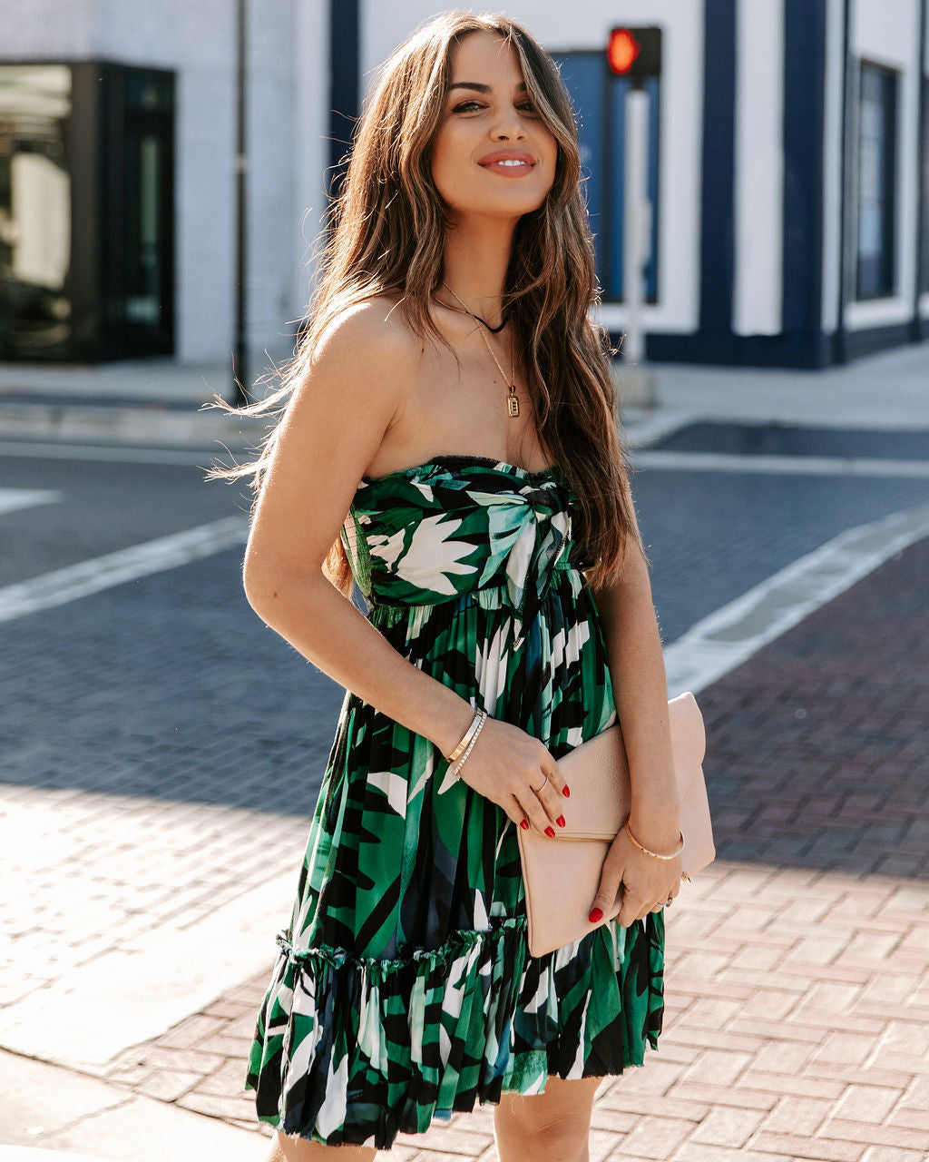 Tropical Print Strapless Pleated Tiered Mini Dress