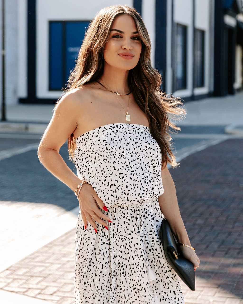 Spotted Print Strapless Smocked Tiered Midi Dress