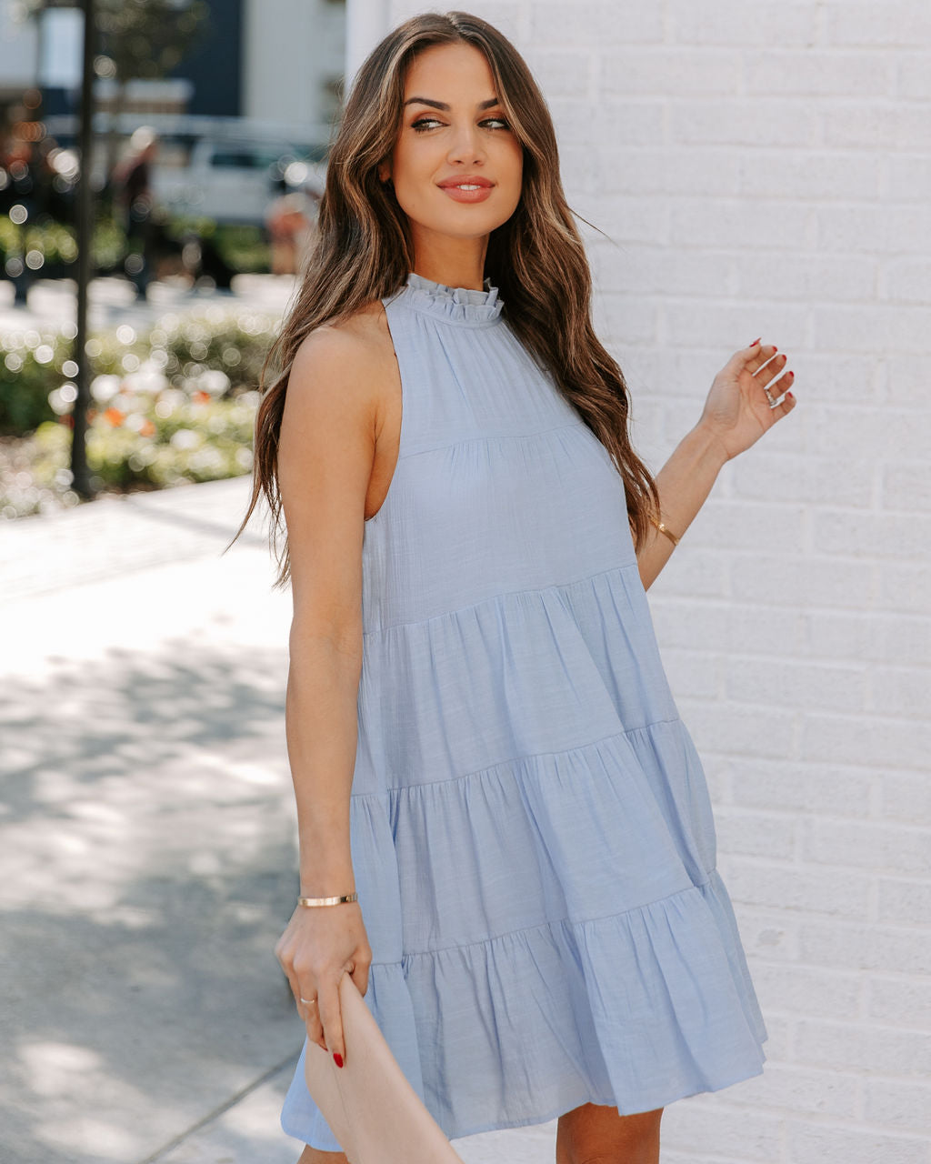 Ruffle Halter Neck Sleeveless Tiered Swing Mini Dress 8
