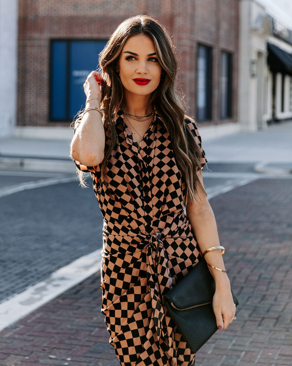 Checkmate Printed Tie Front Midi Shirt Dress