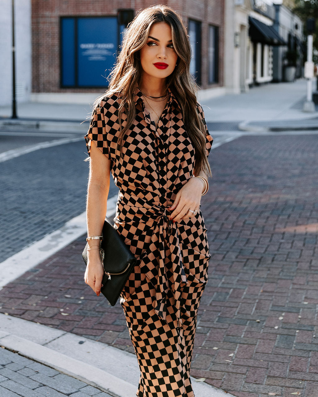 Checkmate Printed Tie Front Midi Shirt Dress