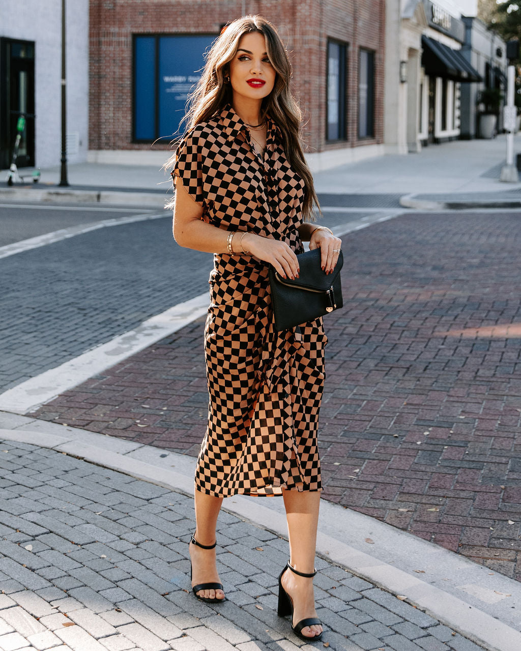 Checkmate Printed Tie Front Midi Shirt Dress