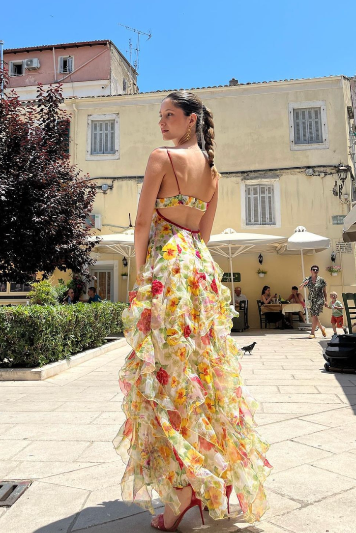 Oceana Chiffon Rose Print Slit Maxi Dress
