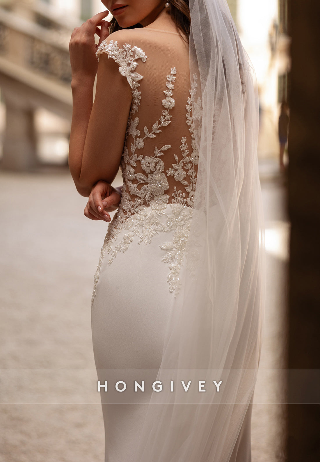 Cap Sleeves Scoop Lace Mermaid Flowers Cut out Back Wedding Dresses