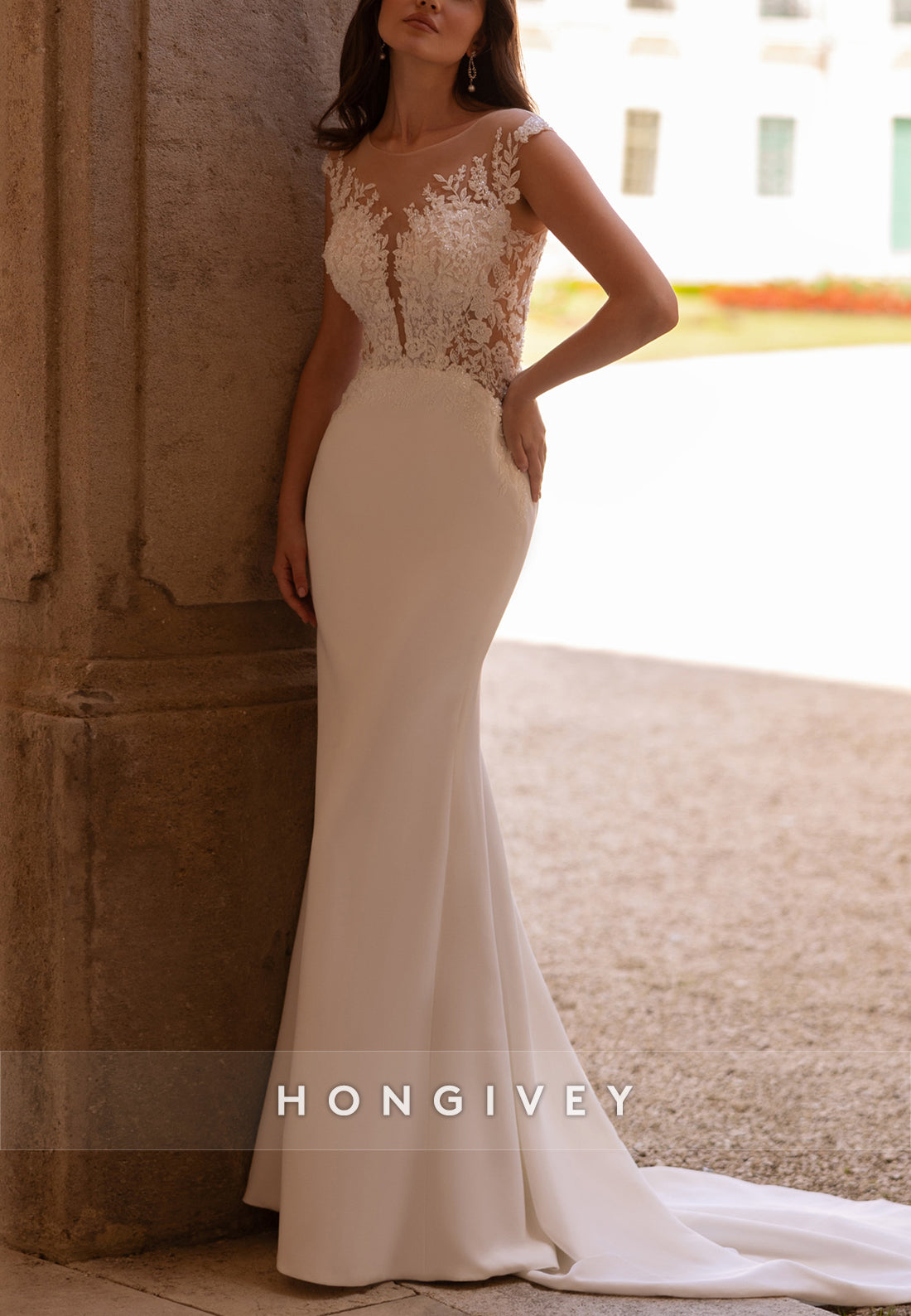 Cap Sleeves Scoop Lace Mermaid Flowers Cut out Back Wedding Dresses