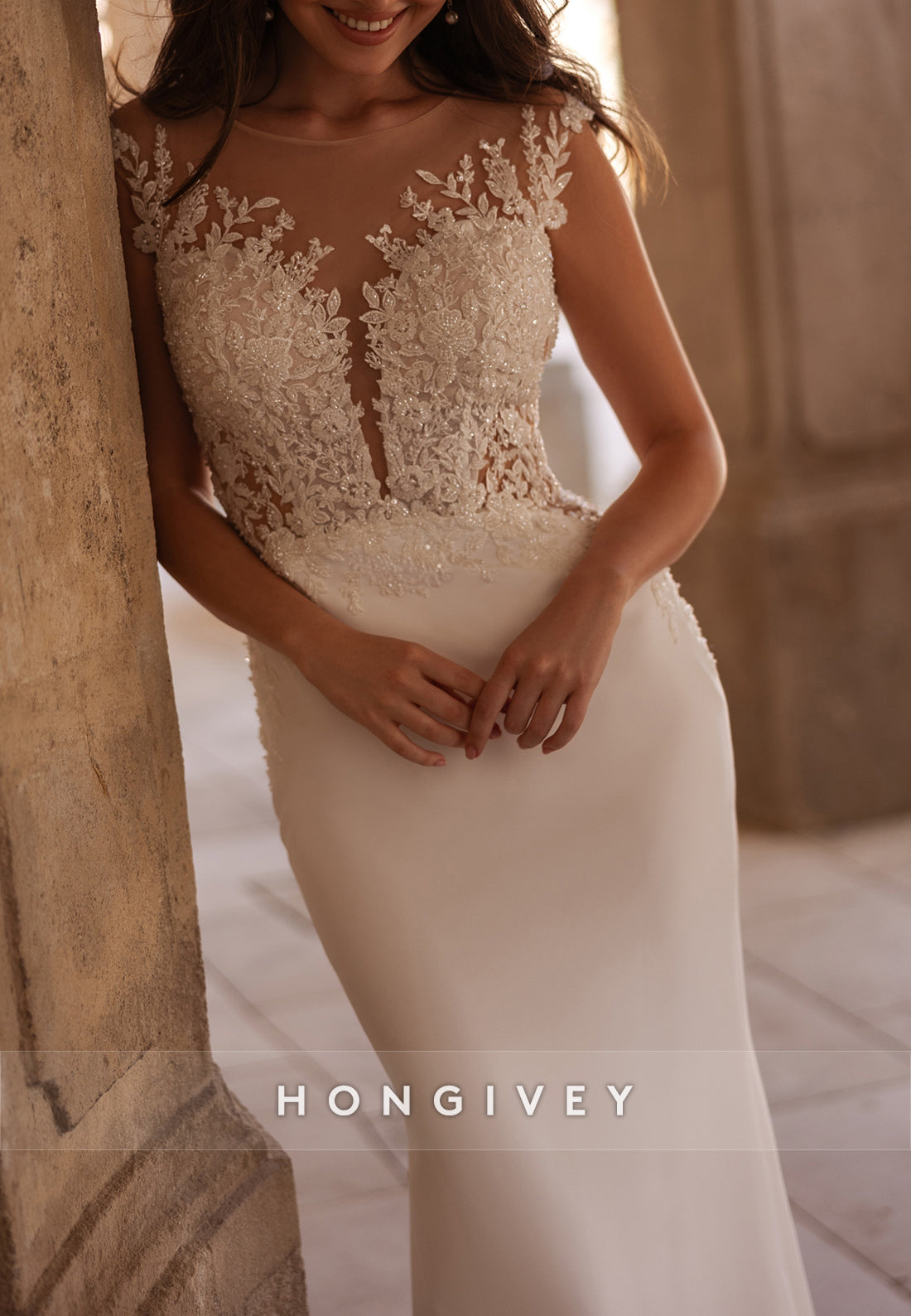 Cap Sleeves Scoop Lace Mermaid Flowers Cut out Back Wedding Dresses