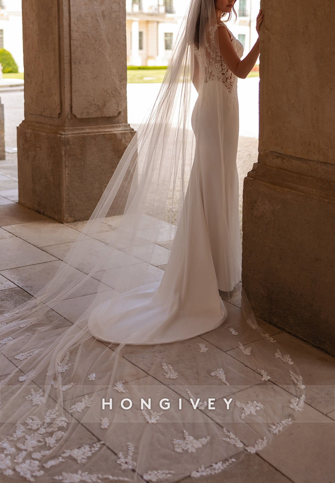 Cap Sleeves Scoop Lace Mermaid Flowers Cut out Back Wedding Dresses