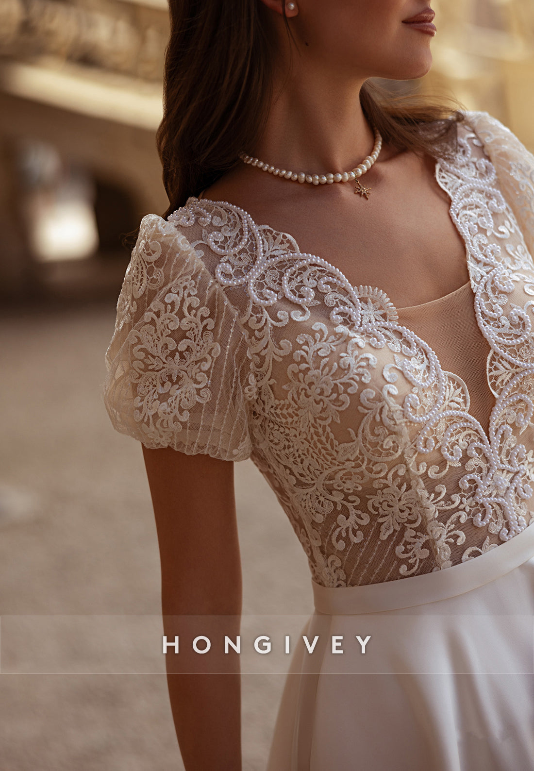 Short Sleeves V-Neck Scalloped Neck A-Line Satin Pleated Court Train Wedding Dresses