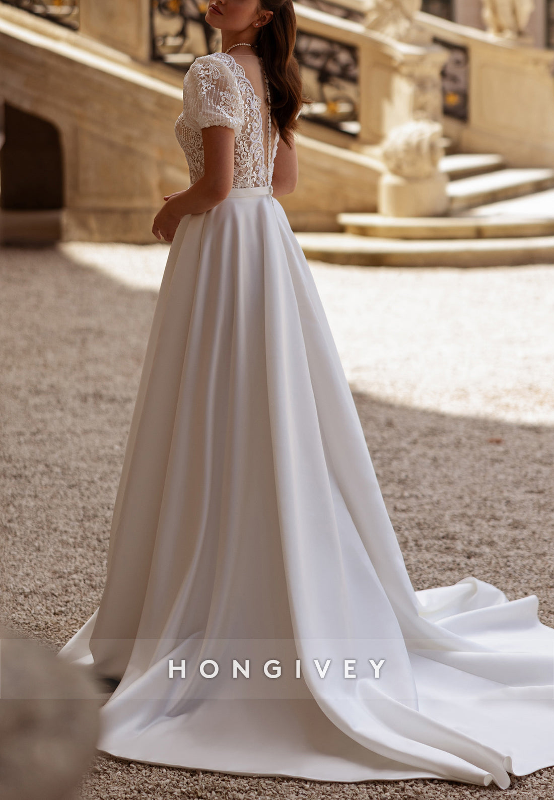 Short Sleeves V-Neck Scalloped Neck A-Line Satin Pleated Court Train Wedding Dresses