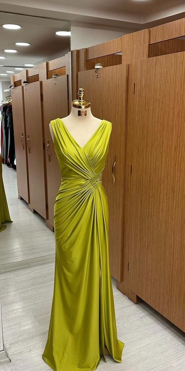 Elegant V Neck Satin Pleated Mustard Green Mermaid Long Wedding Guest Dress Birthday Party Dress D1382