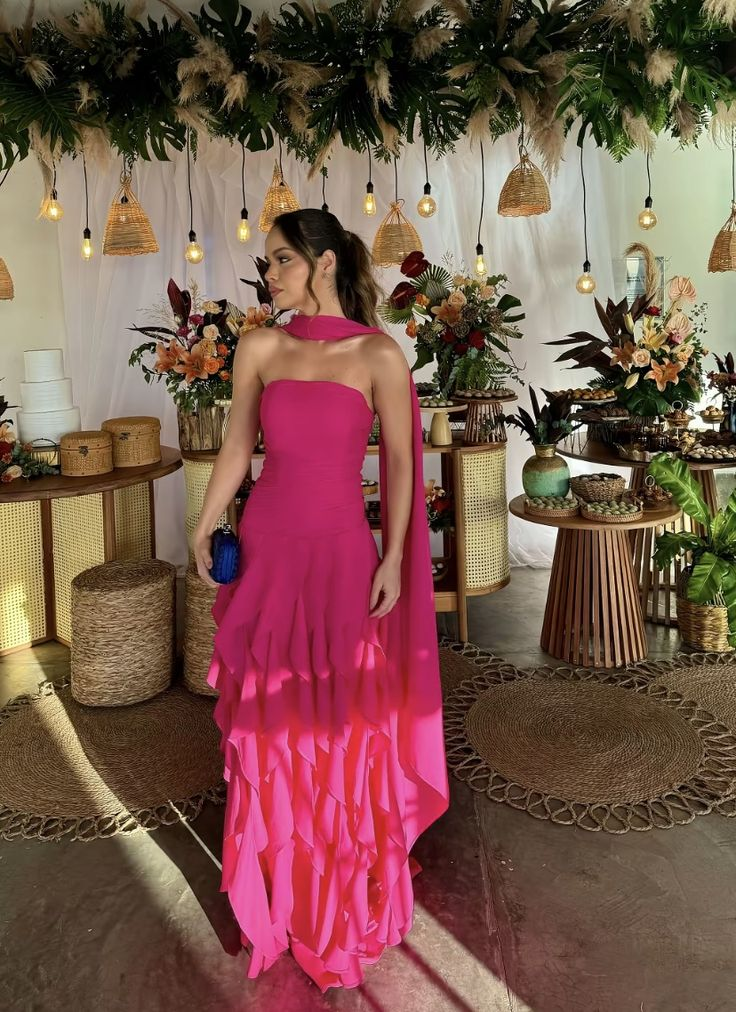 Classy Strapless Pink Chiffon Ruffle Long Evening Dress Prom Gown With Ribbon D1152