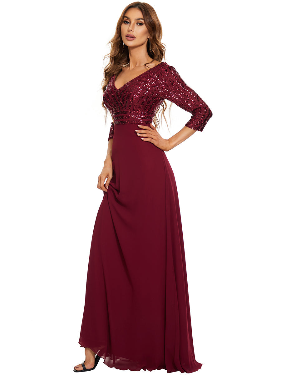 V Neck Long Formal Dress with Sequins - Red - Fashionpara