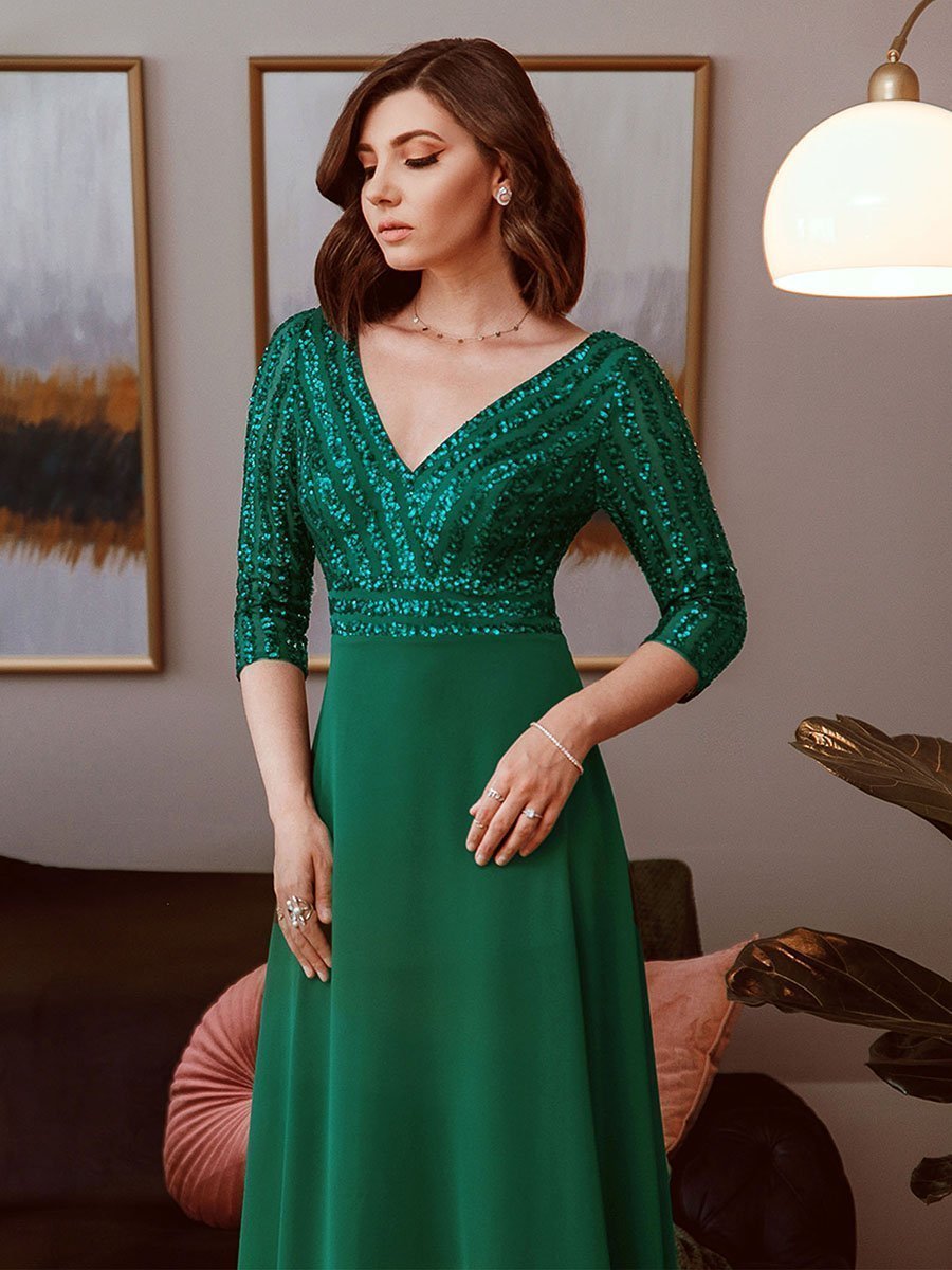 V Neck Long Formal Dress with Sequins - Fashionpara