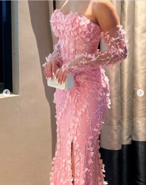 Elegant Pink Strapless Tulle Appliques Beaded Slit Mermaid Evening Dress Long Party Dress D1356