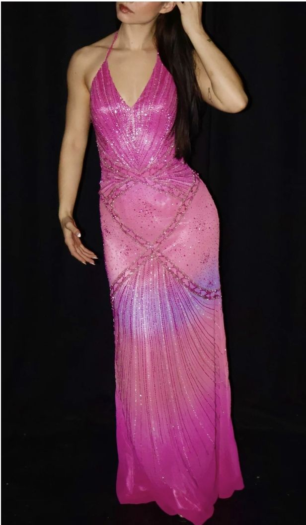 Pretty Halter V Neck Ombre Pink Chiffon Sequin Beaded Mermaid Prom Dress Birthday Party Dress D1151