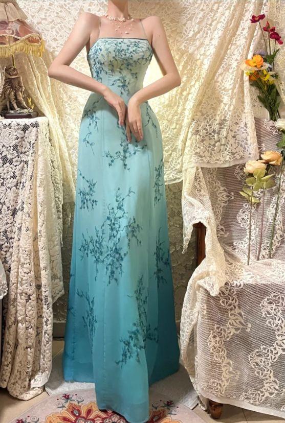 Elegant Spaghetti Straps Ombre Blue Chiffon Beaded A Line Long Prom Dress Formal Evening Gown D825