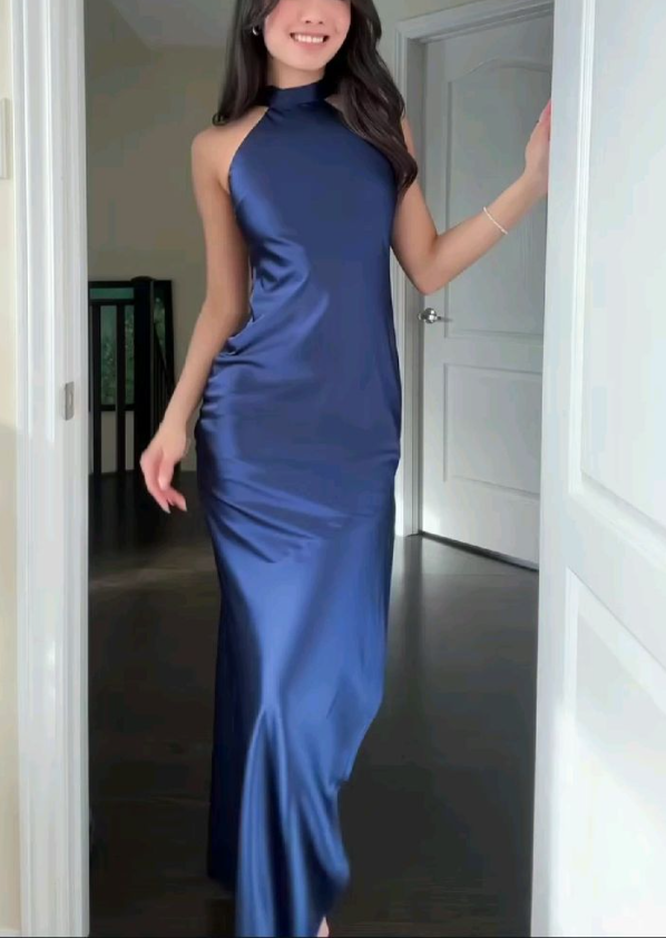 Sexy Navy Blue Halter Backless Satin Mermaid Evening Dress Long Prom Dresses D895