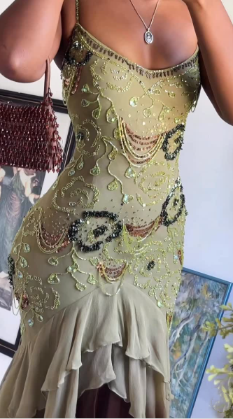 Classy Spaghetti Strap Sage Green Chiffon Beaded Mermaid Evening Dress Long Birthday Party Dress With Scarf D1452