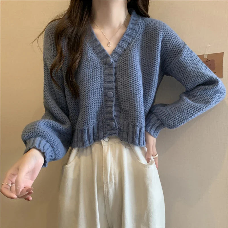 Slim Solid V-Neck Button-Up Knitted Cardigan for Women