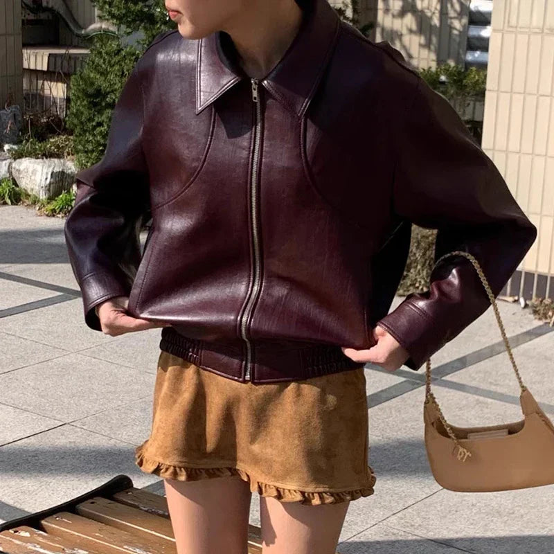 Red Zipper PU Leather Coat