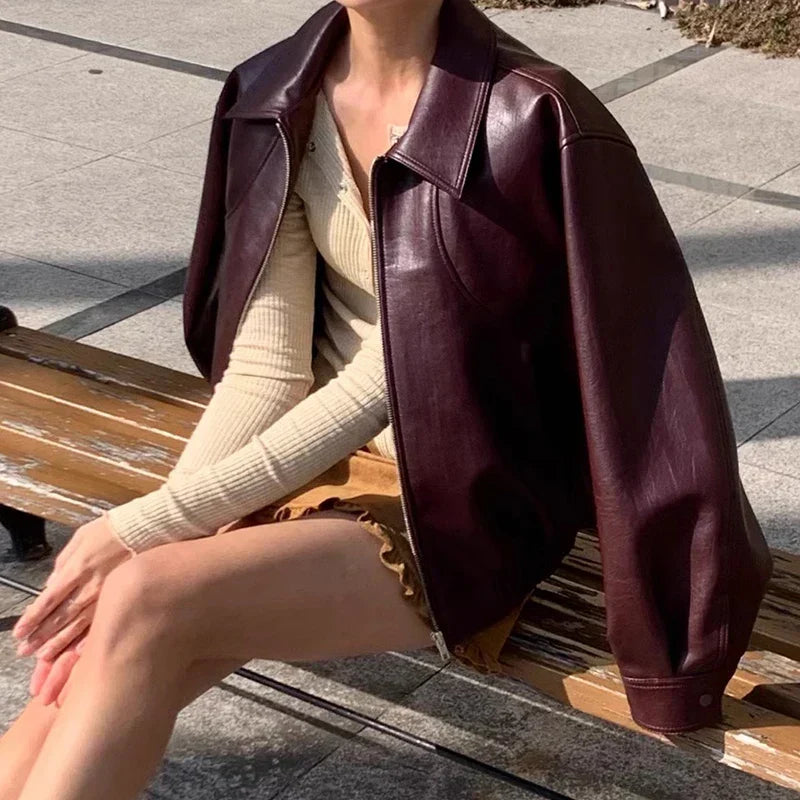 Red Zipper PU Leather Coat 3