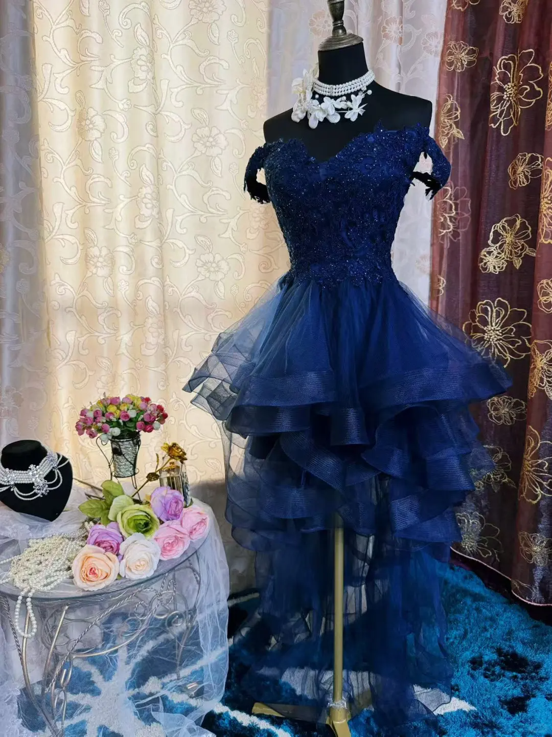 Vintage Navy Blue Tulle Appliques A Line Short Homecoming Dress Off The Shoulder 19th Birthday Outfits D725