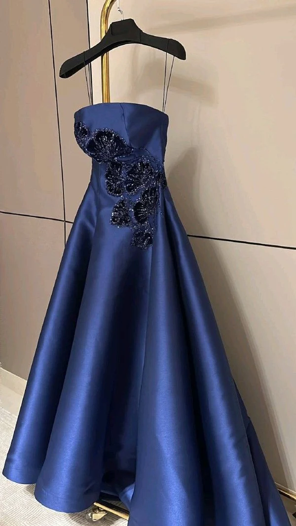 Gorgeous Navy Blue Satin Appliques Beaded Mermaid Long Birthday Party Dress Evening Gown D1444