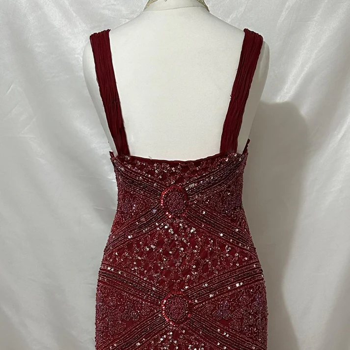 Gorgeous Red V NecK Tulle Sequin Beaded Mermaid Long Evening Dress Formal Birthday Party Dress D1480