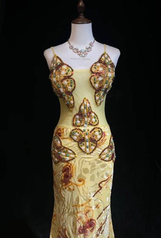 Gorgeous Yellow Spaghetti Straps Satin Beaded Mermaid Party Dress Long Prom Gown D1322