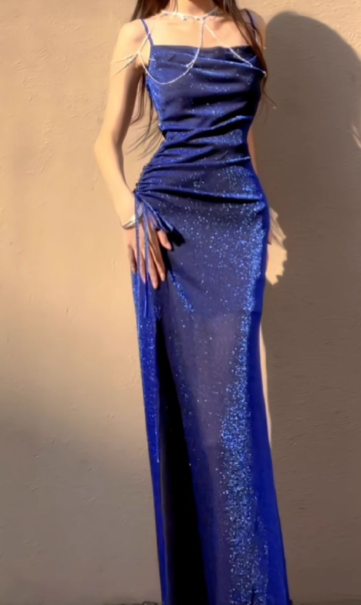 Charming Spaghetti Straps Blue Tulle Sequin Slit Mermaid Long Party Dress Evening Gown D1399