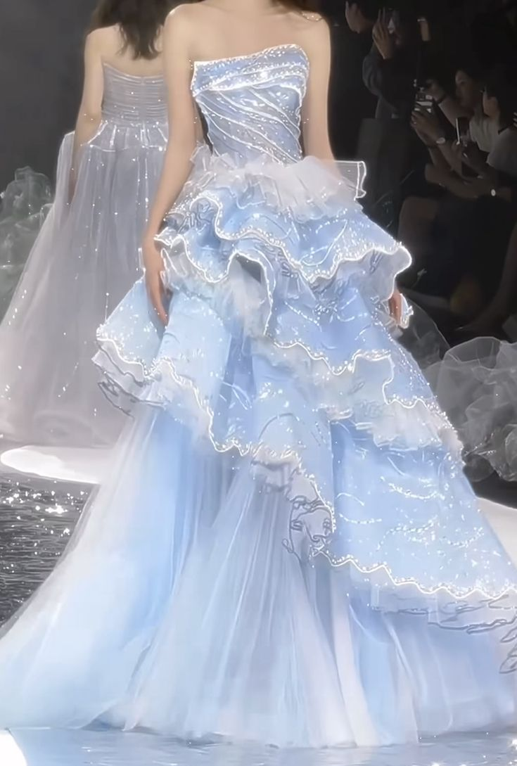 Charming Strapless Blue Tulle Beaded Layered Ball Gown Formal Birthday Party Dress D1573