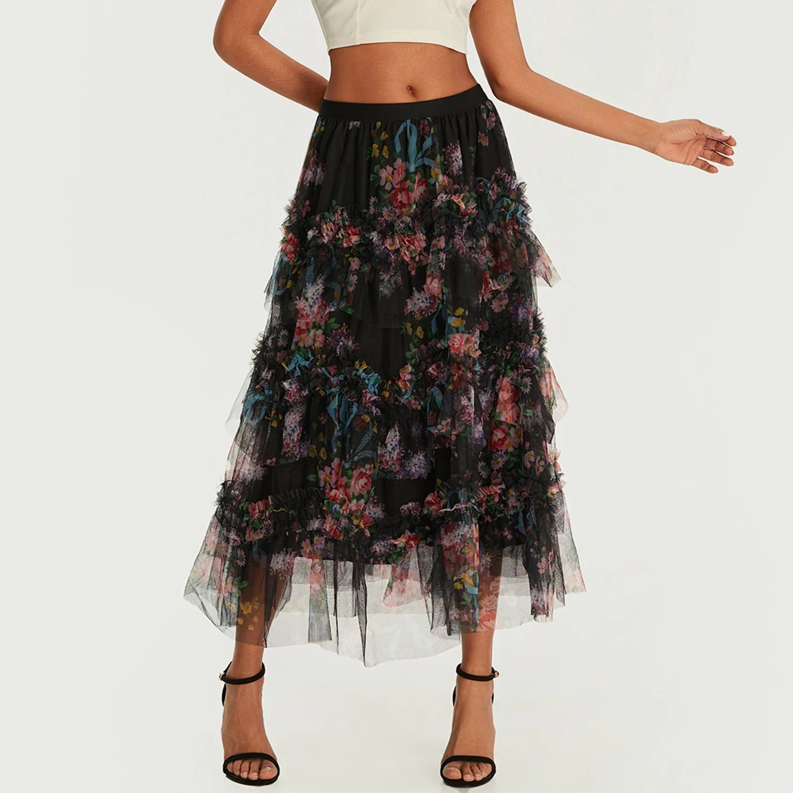 Early Fall Floral Print Ruffle Mesh Skirt Women A-line Midi