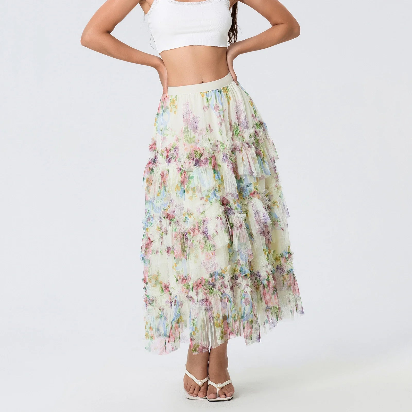 Early Fall Floral Print Ruffle Mesh Skirt Women A-line Midi