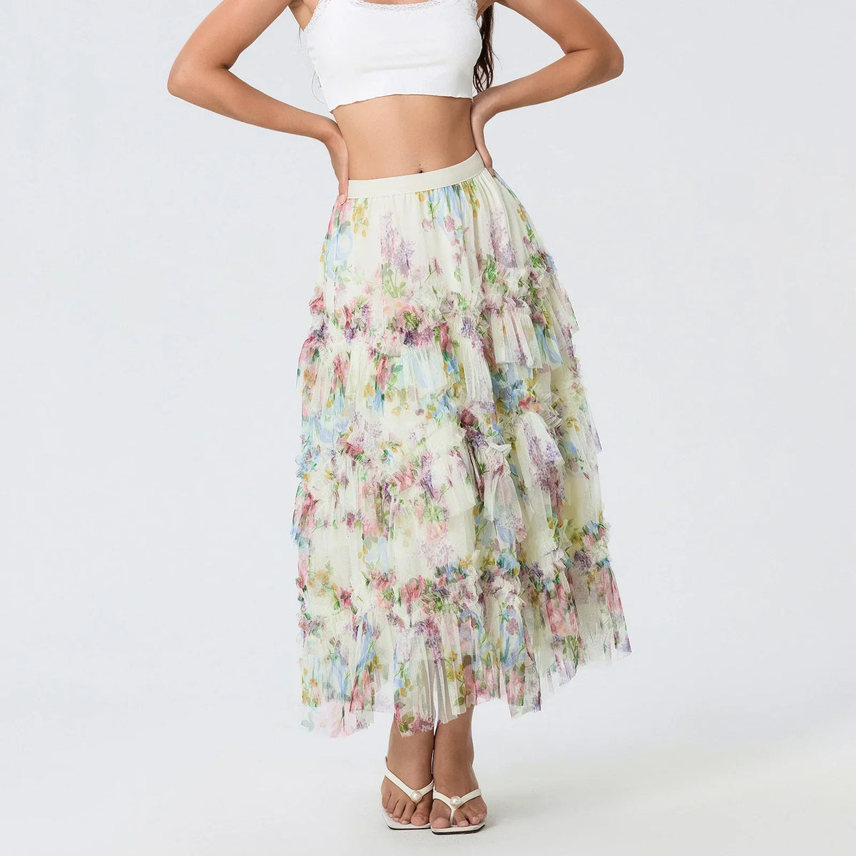 Early Fall Floral Print Ruffle Mesh Skirt Women A-line Midi
