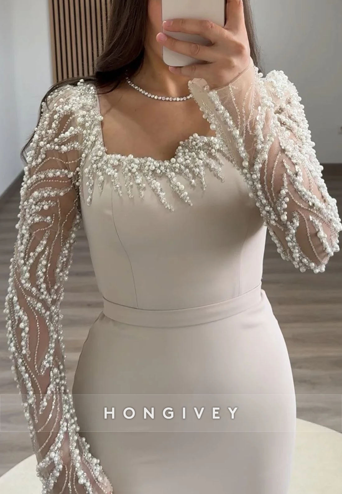 Column Asymmetrical Neck Evening Gown Long Sleeve Beading Ankle-Length Formal Dresses