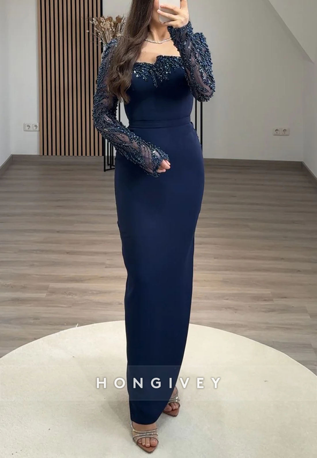 Column Asymmetrical Neck Evening Gown Long Sleeve Beading Ankle-Length Formal Dresses