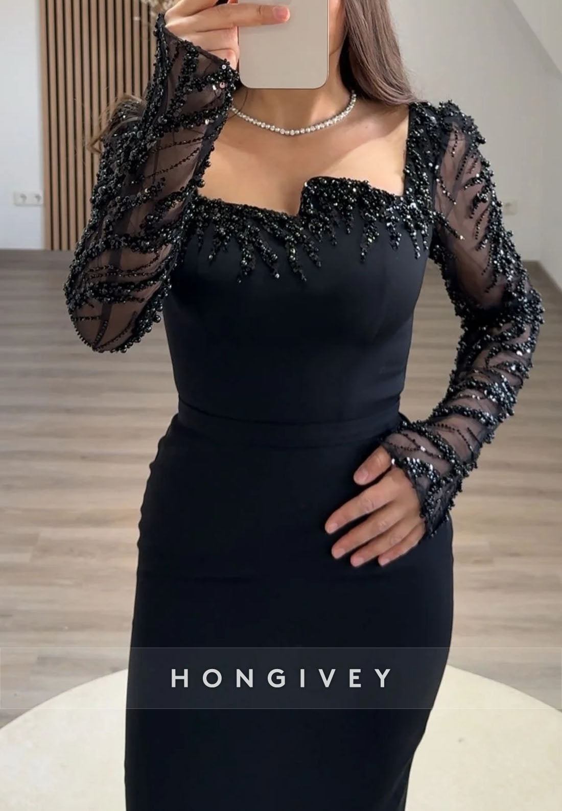 Column Asymmetrical Neck Evening Gown Long Sleeve Beading Ankle-Length Formal Dresses