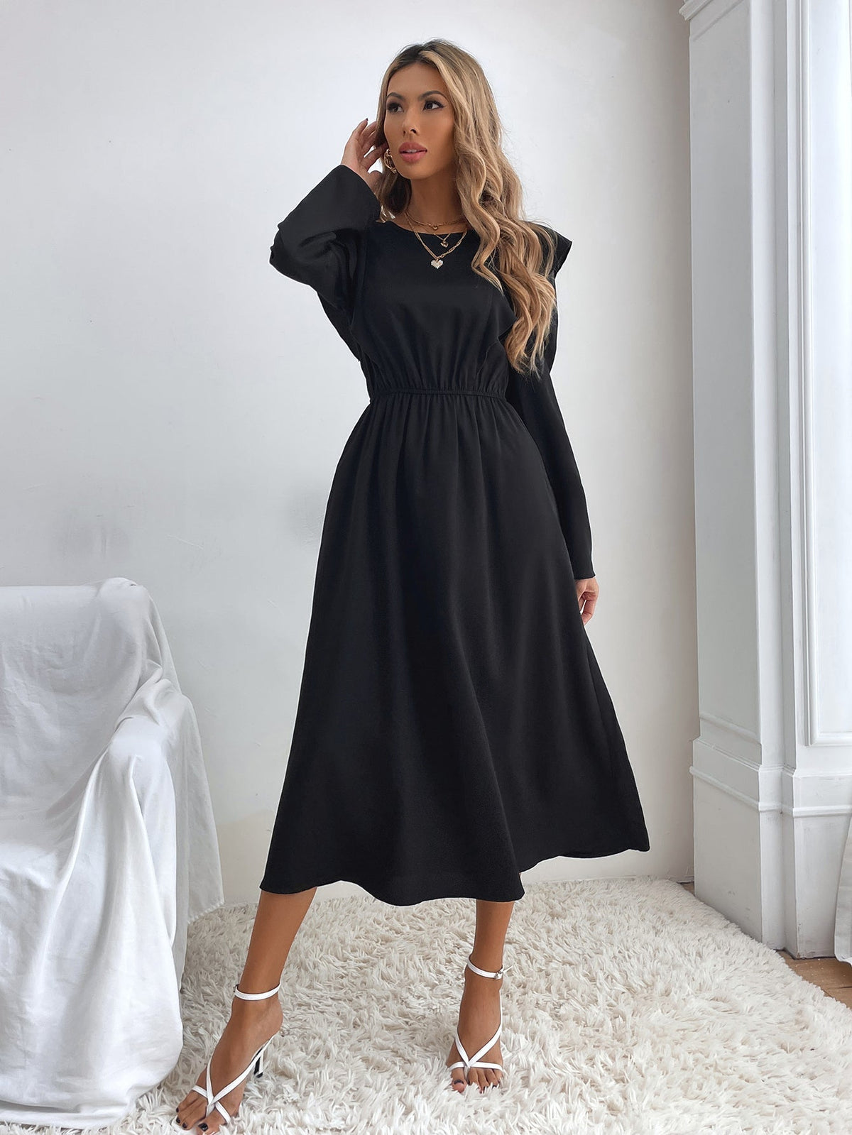 Ruffle Round Neck Long Sleeve A-Line Midi Dress